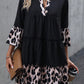 Leopard Trim V Neck Ruffled Sleeve Flared Dress