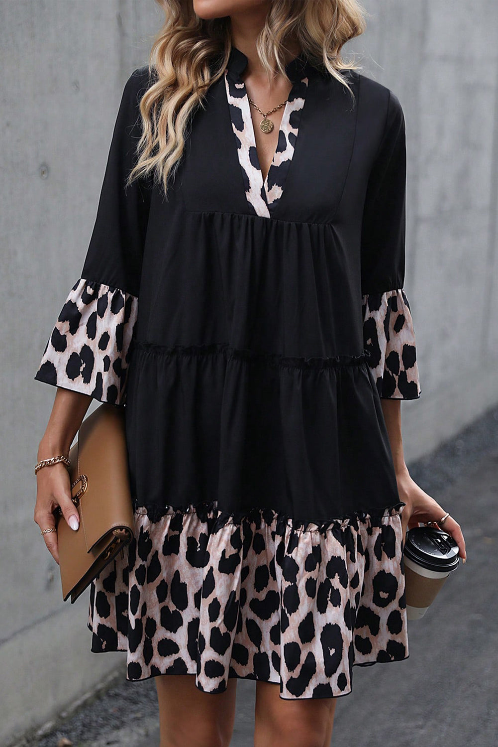 Leopard Trim V Neck Ruffled Sleeve Flared Dress