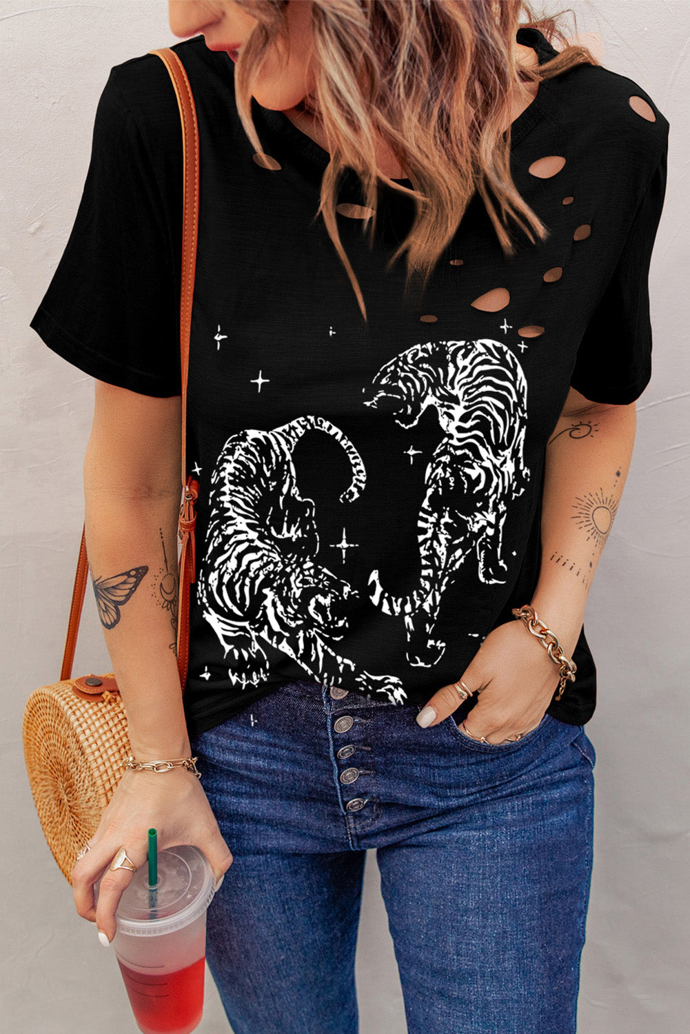 Tiger Print Cut Out Distressed O Neck T Shirt