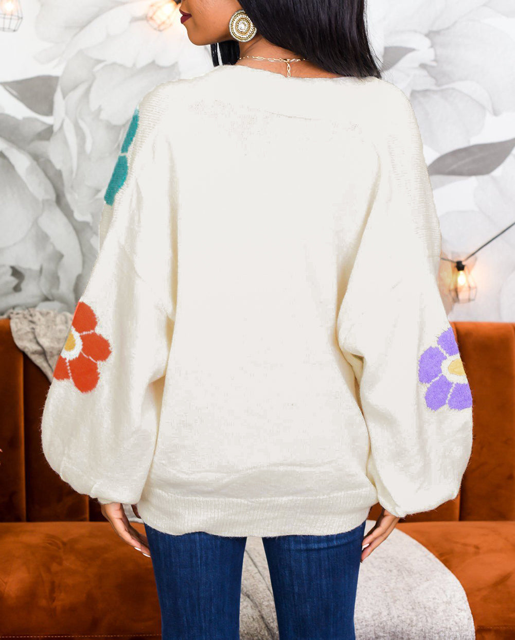 Flower Jacquared Bubble Sleeve Open Cardigan