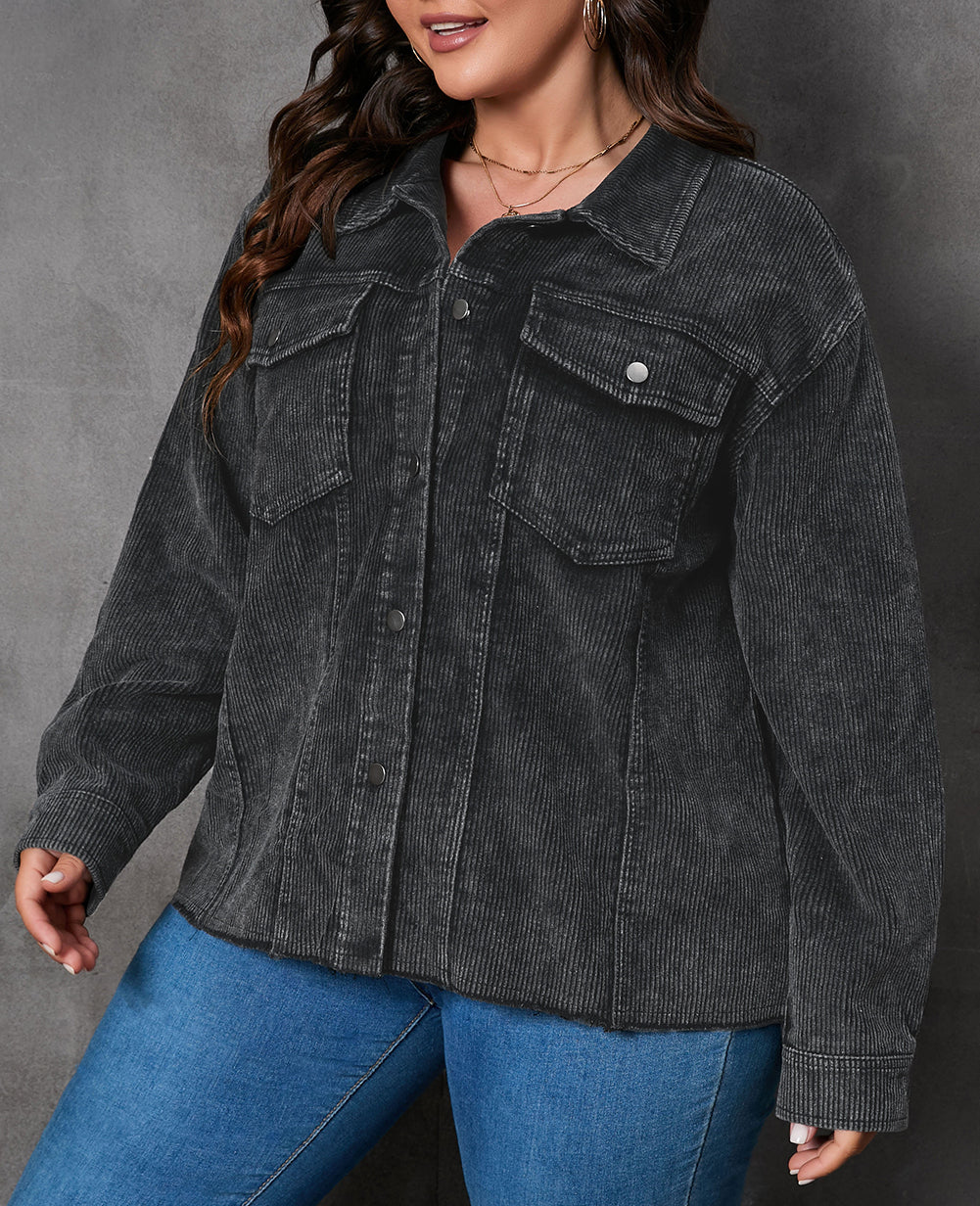 Plus Size Flap Pocket Raw Edge Corduroy Jacket