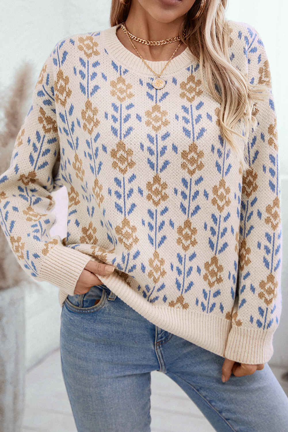 Floral Pattern Crew Neck Sweater