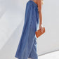 Spaghetti Straps Frilled Neckline Pocketed Wide Leg Denim Jumpsuit
