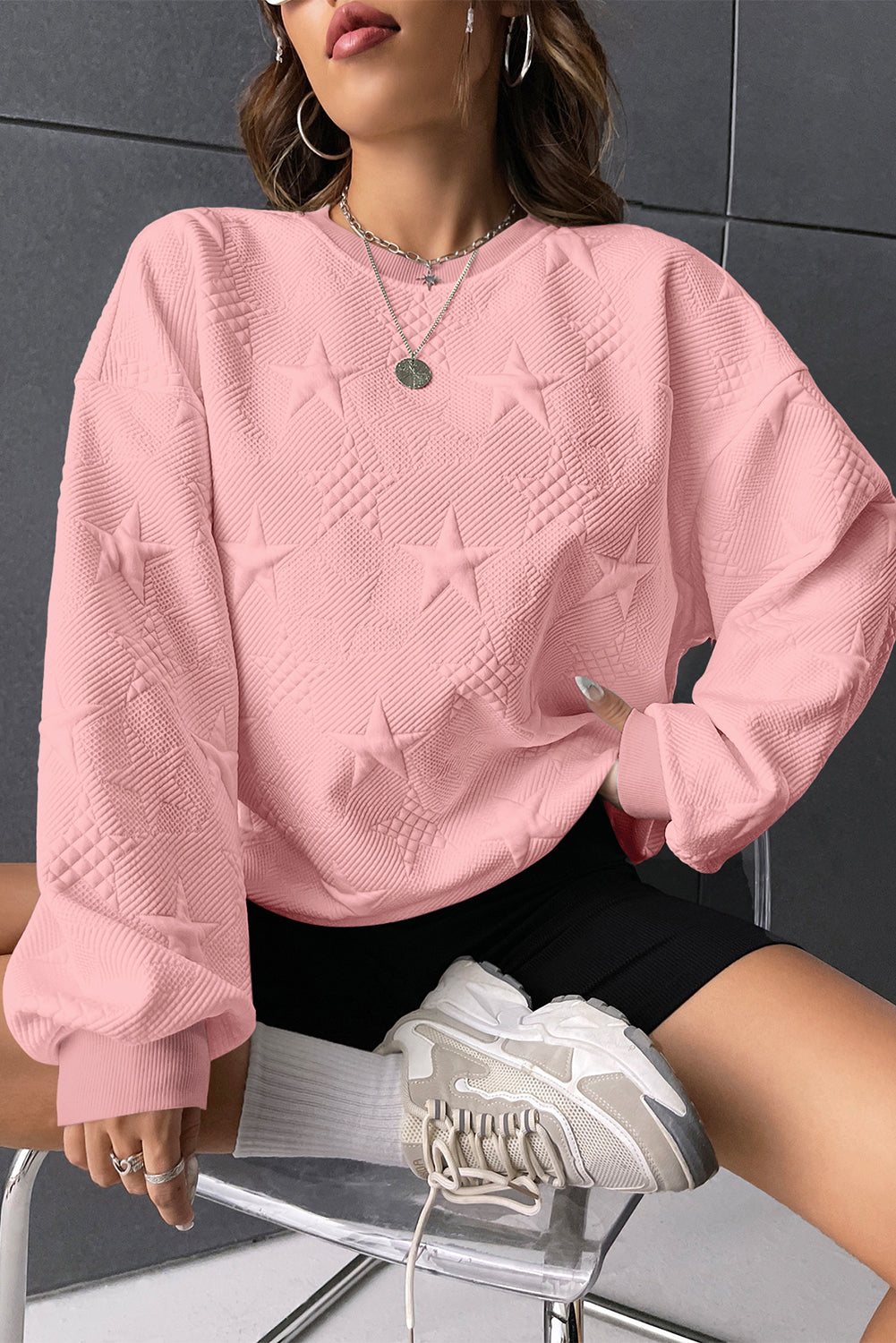 Star Embossed Textured Drop Shoulder Sweatshirt