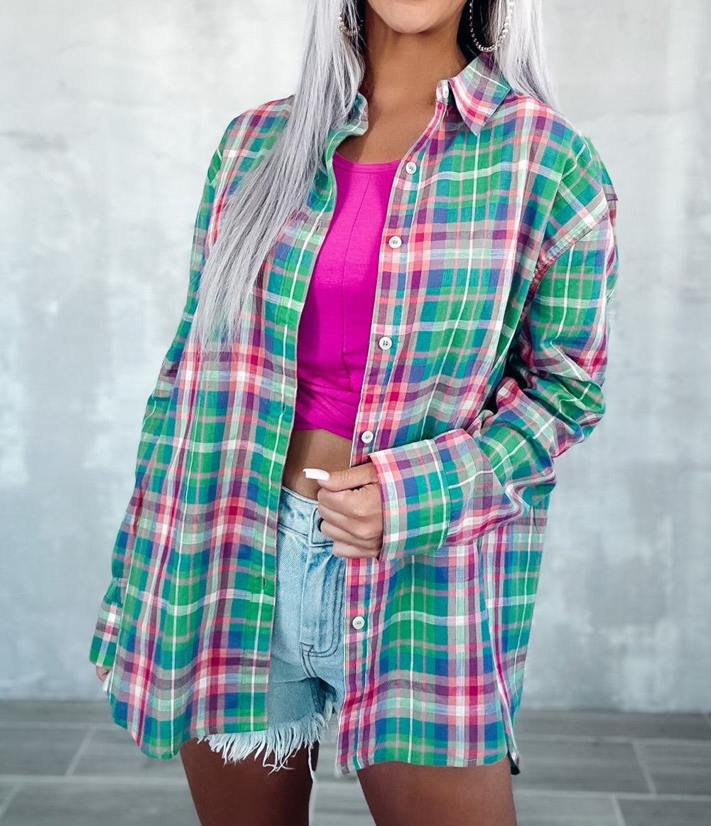 Plaid Long Sleeve Button Down Split Shirt