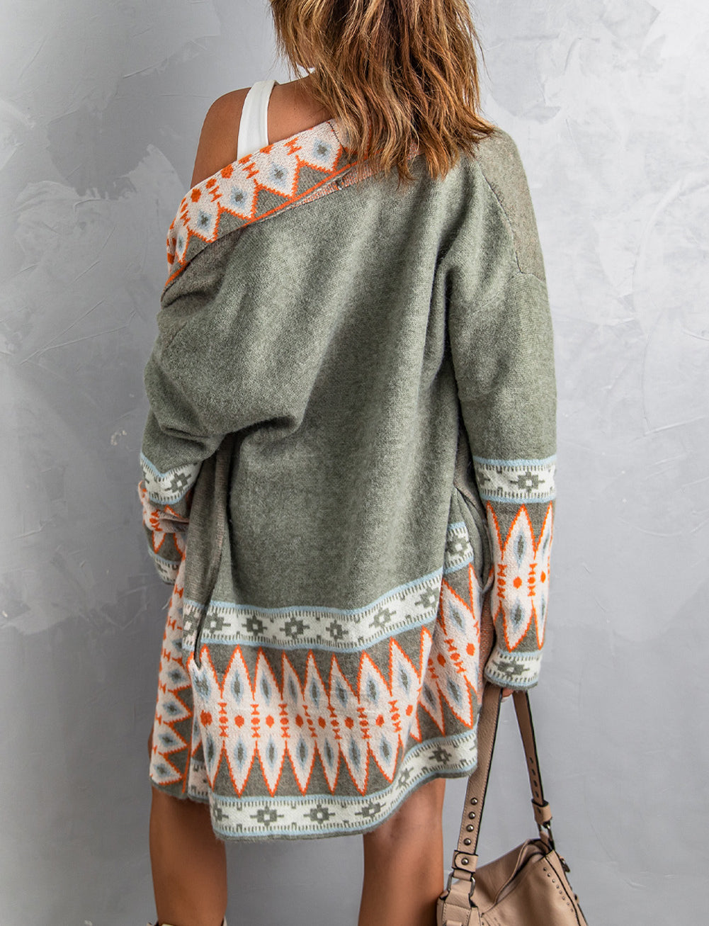 Aztec Print Open Front Knitted Cardigan