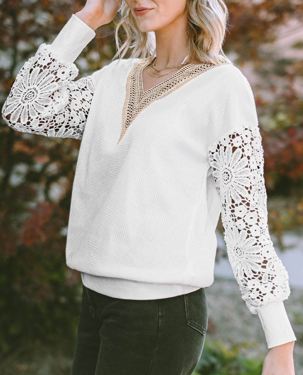 Lace Splicing V Neck Puff Sleeve Top