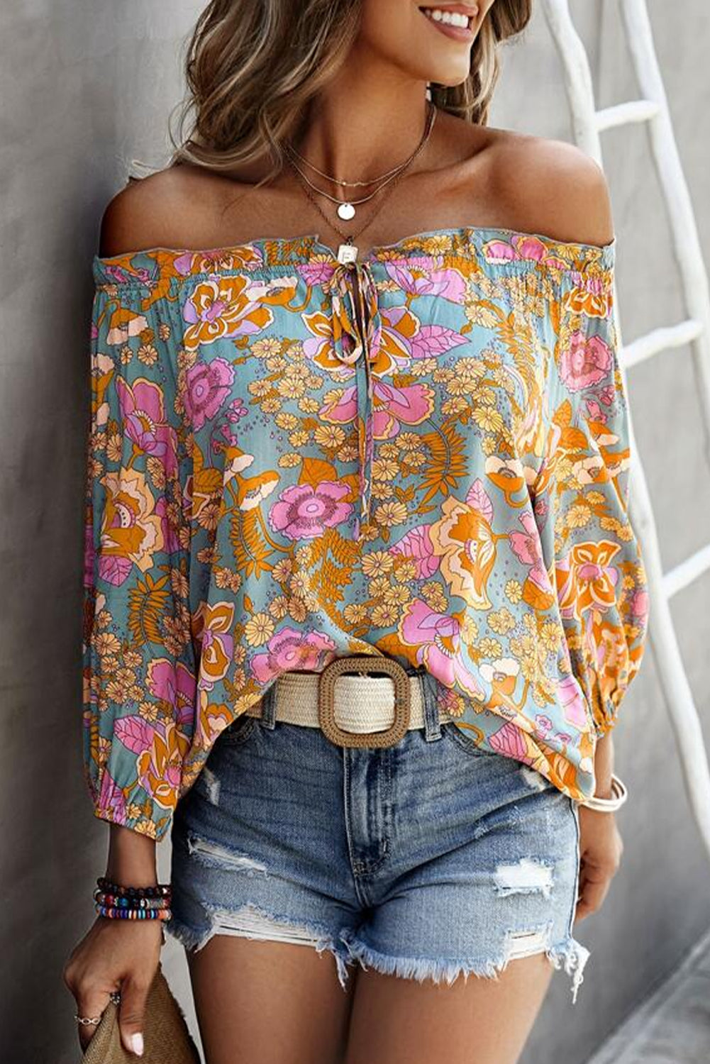Frilled Off Shoulder Floral Blouse