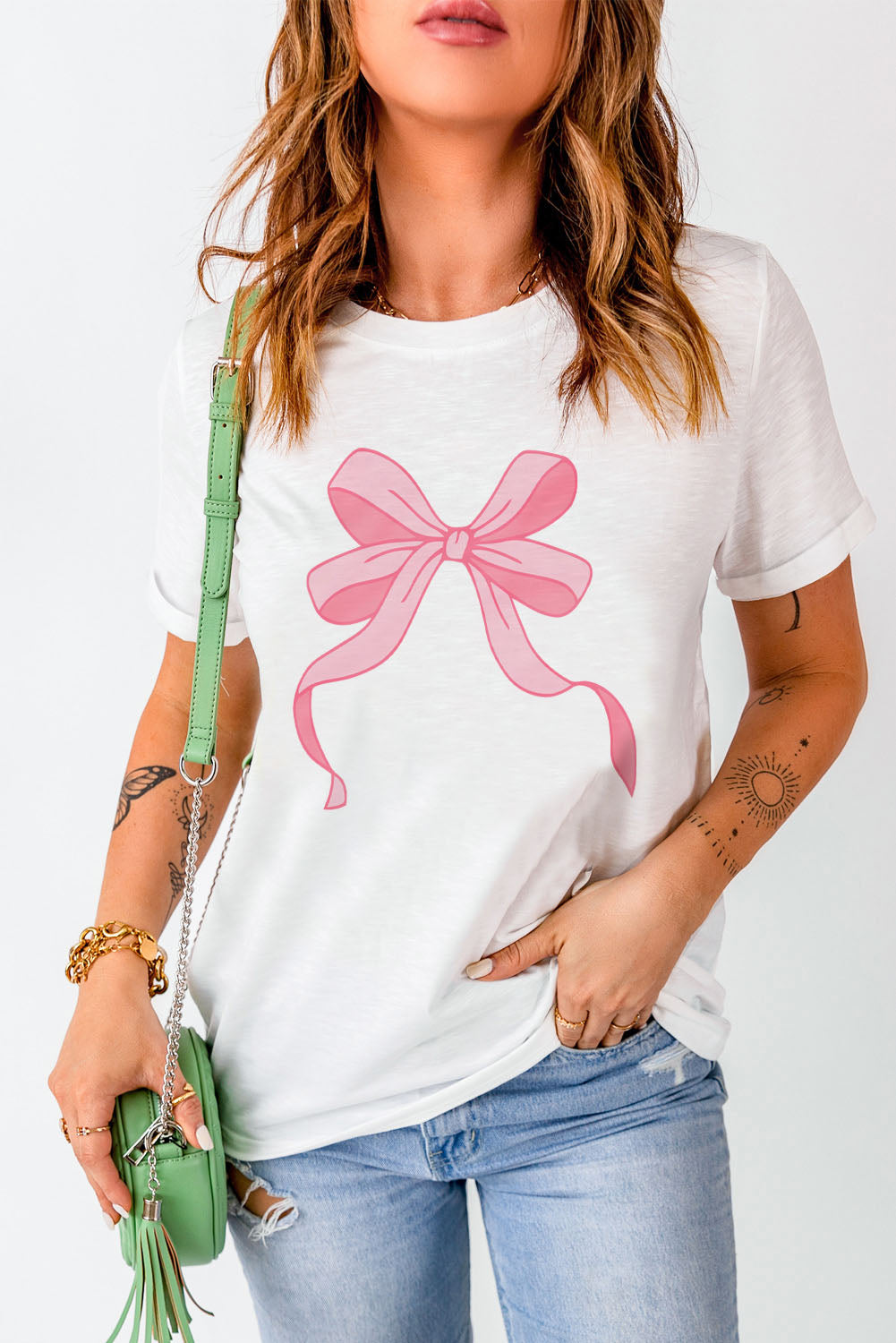 Flowing Bow Knot Print Round Neck Casual Tee