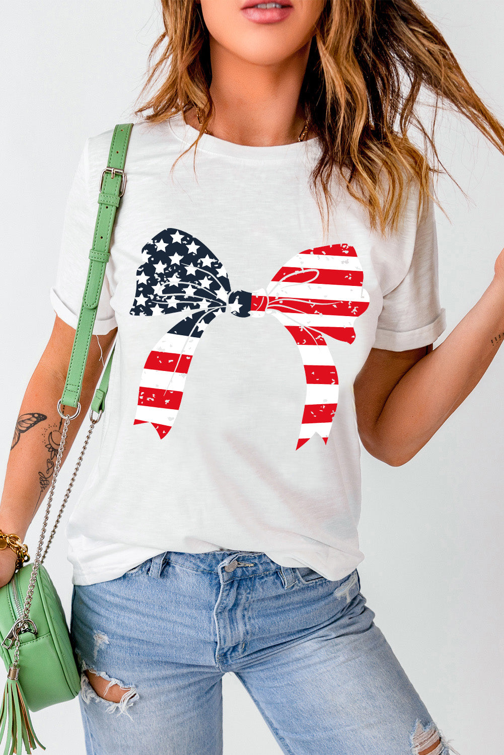Stars and Stripes Bowknot Graphic Round Neck Tee