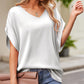 Solid Color Satin V Neck Batwing Sleeve Blouse
