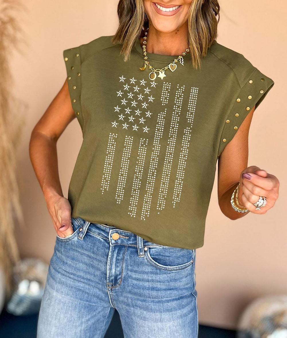 Rhinestone Stars Stripes Graphic Studded Sleeve Tee