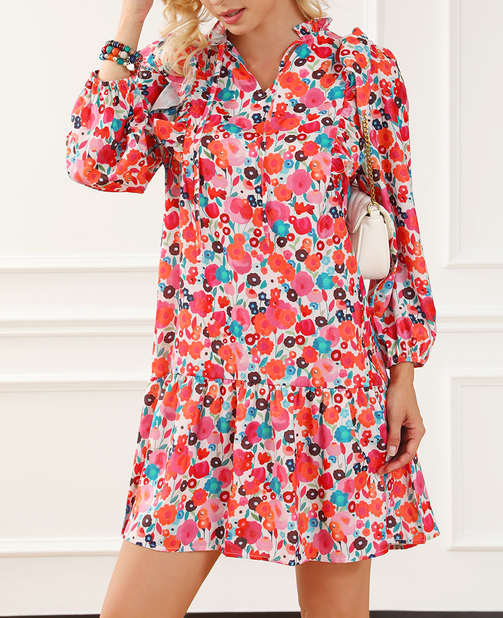 Ruffle Split Neck Floral Long Sleeve Dress