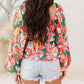 Abstract Floral Print Long Sleeve Peplum Blouse