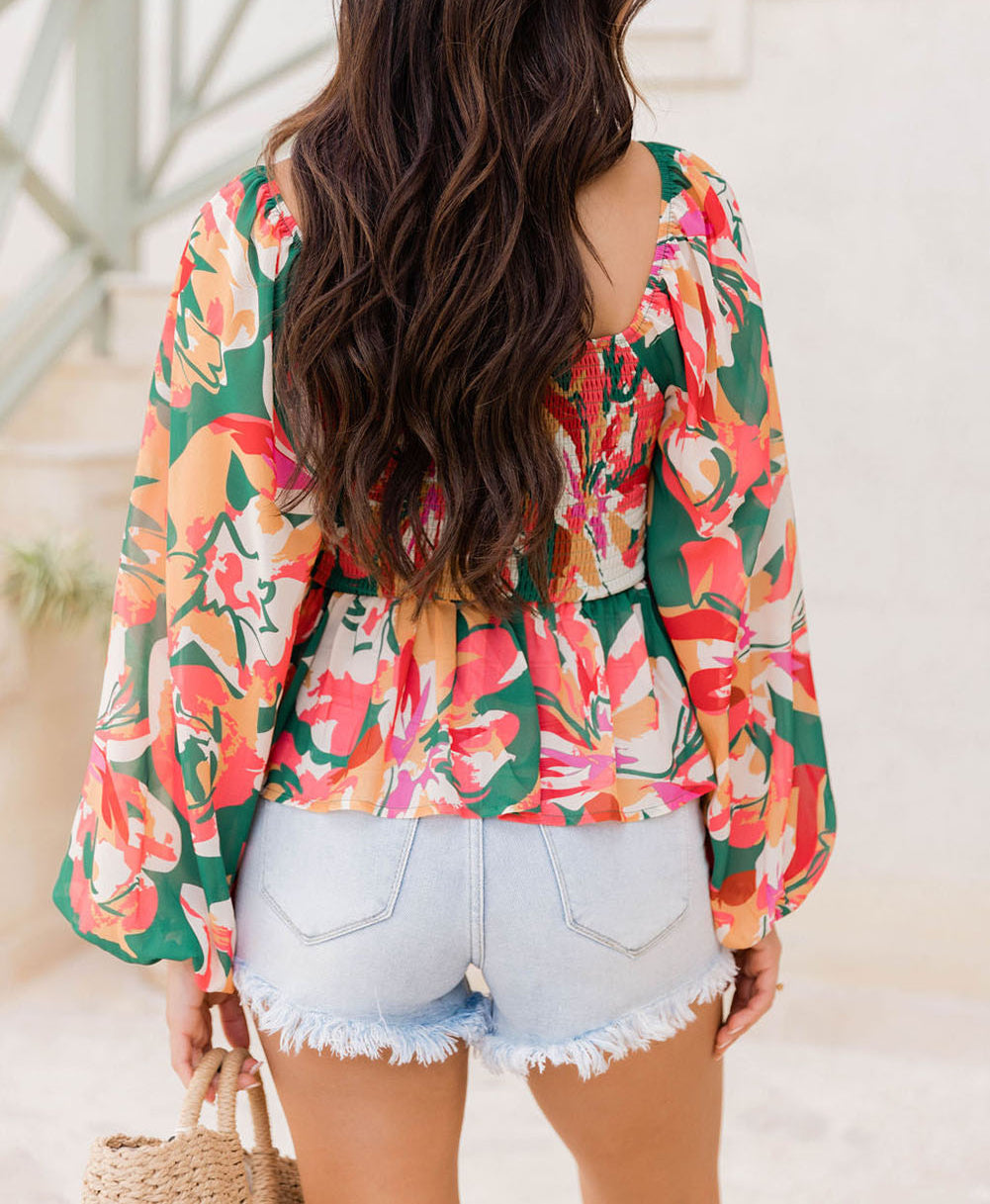 Abstract Floral Print Long Sleeve Peplum Blouse