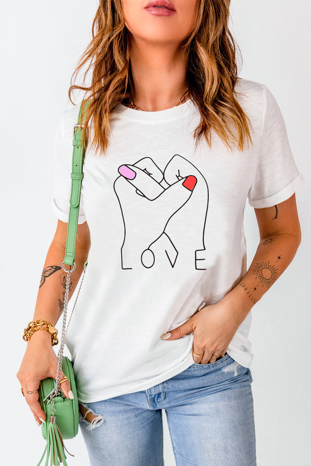 Valentine LOVE Gesture Print Crew Neck T Shirt