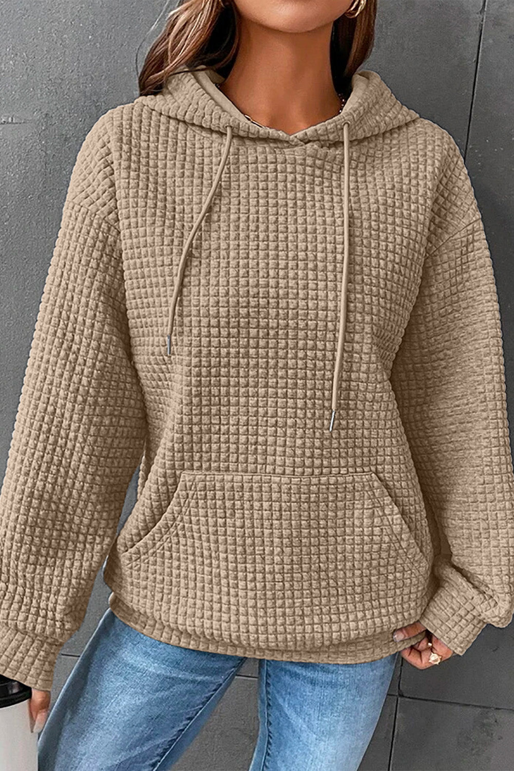 Lattice Textured Kangaroo Pocket Drawstring Hoodie