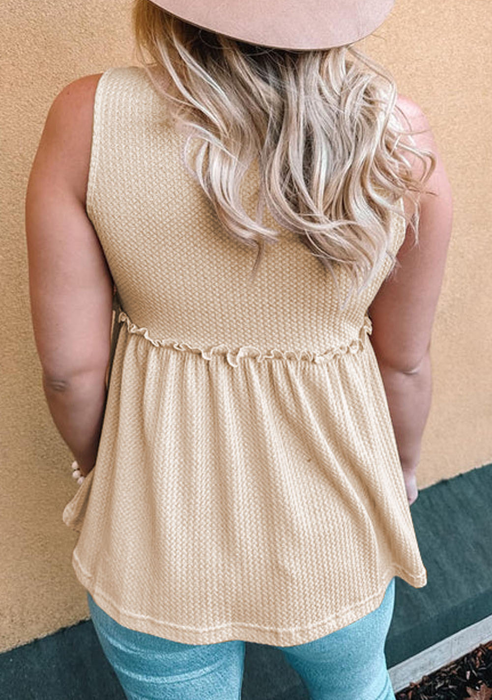 Button V Neck Textured Babydoll Plus Size Vest