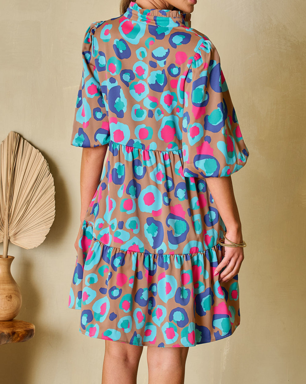 Leopard Print Bubble Sleeve Slit Neck Ruffled Dress