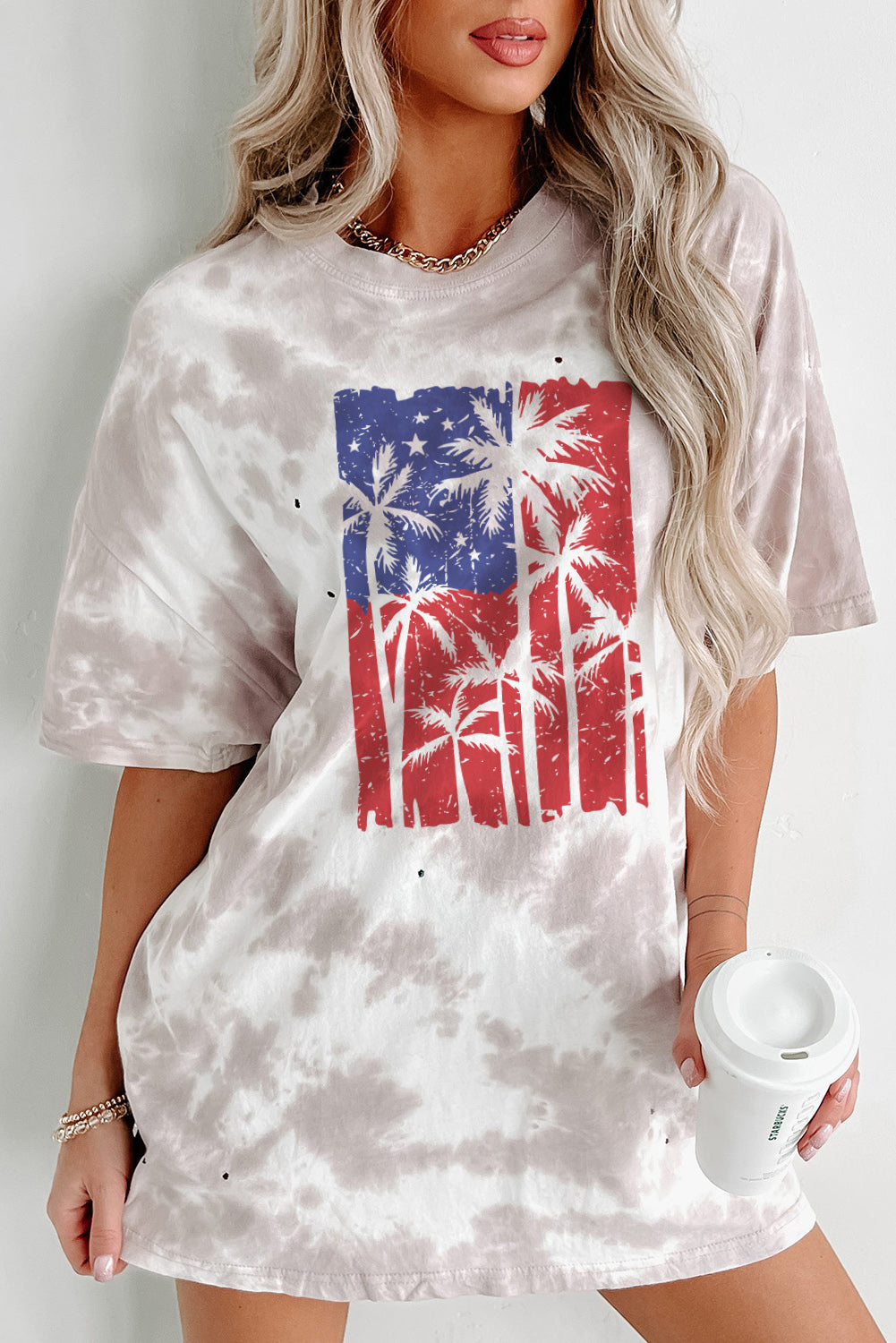 Patriotic 4th of July Palim Tree Tied Dye Distressed T Shirt