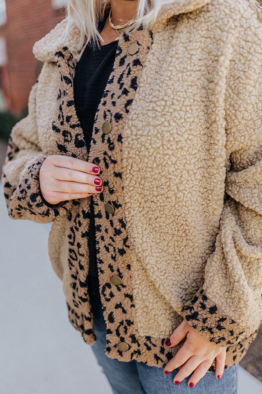 Plus Size Leopard Trim Button up Sherpa Jacket
