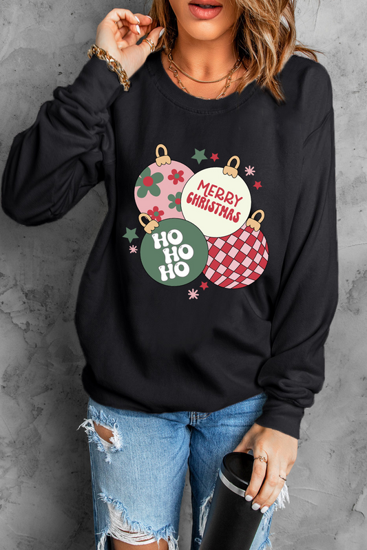 Floral Letter Christmas Ball Printed Crewneck Pullover Sweatshirt