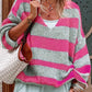 Striped Colorblock Knit V Neck Loose Fit Sweater