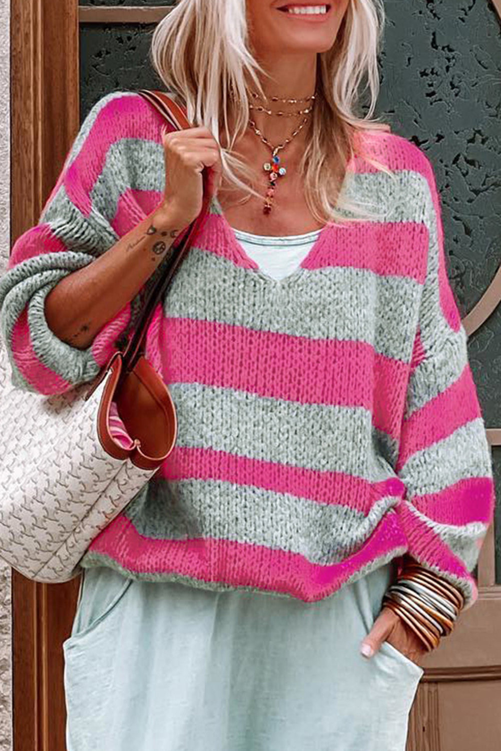 Striped Colorblock Knit V Neck Loose Fit Sweater