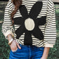 Striped Big Flower Patched 3/4 Sleeve Top