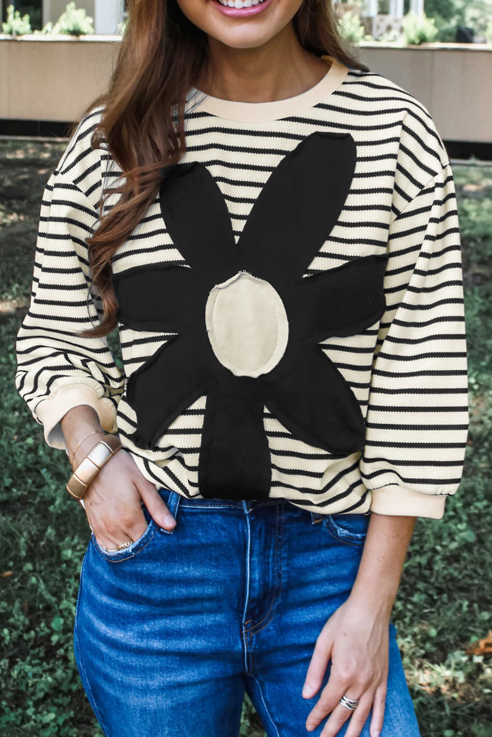 Striped Big Flower Patched 3/4 Sleeve Top