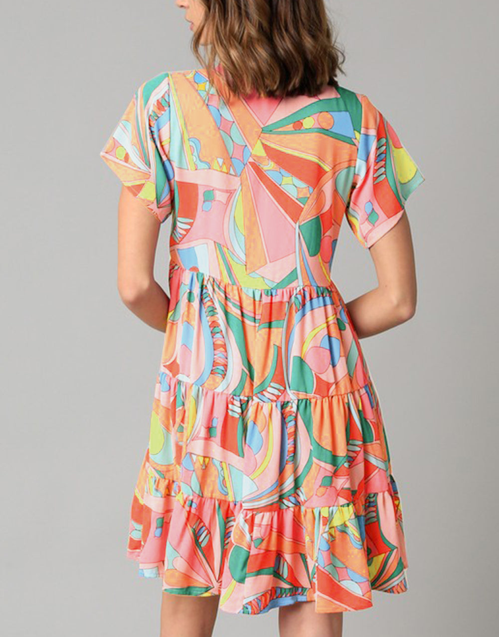 Abstract Geometric Print Tassel Tie Flared Dress