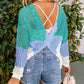 Color Block Eyelet Long Sleeve Twisted Back Knit Top