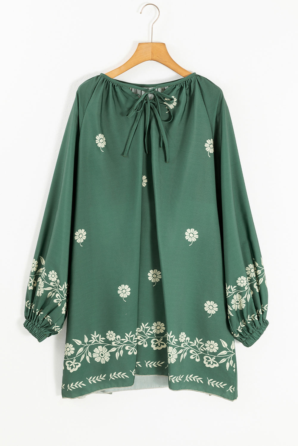 Tie Neck Boho Floral Pattern Puff Sleeve Shift Dress