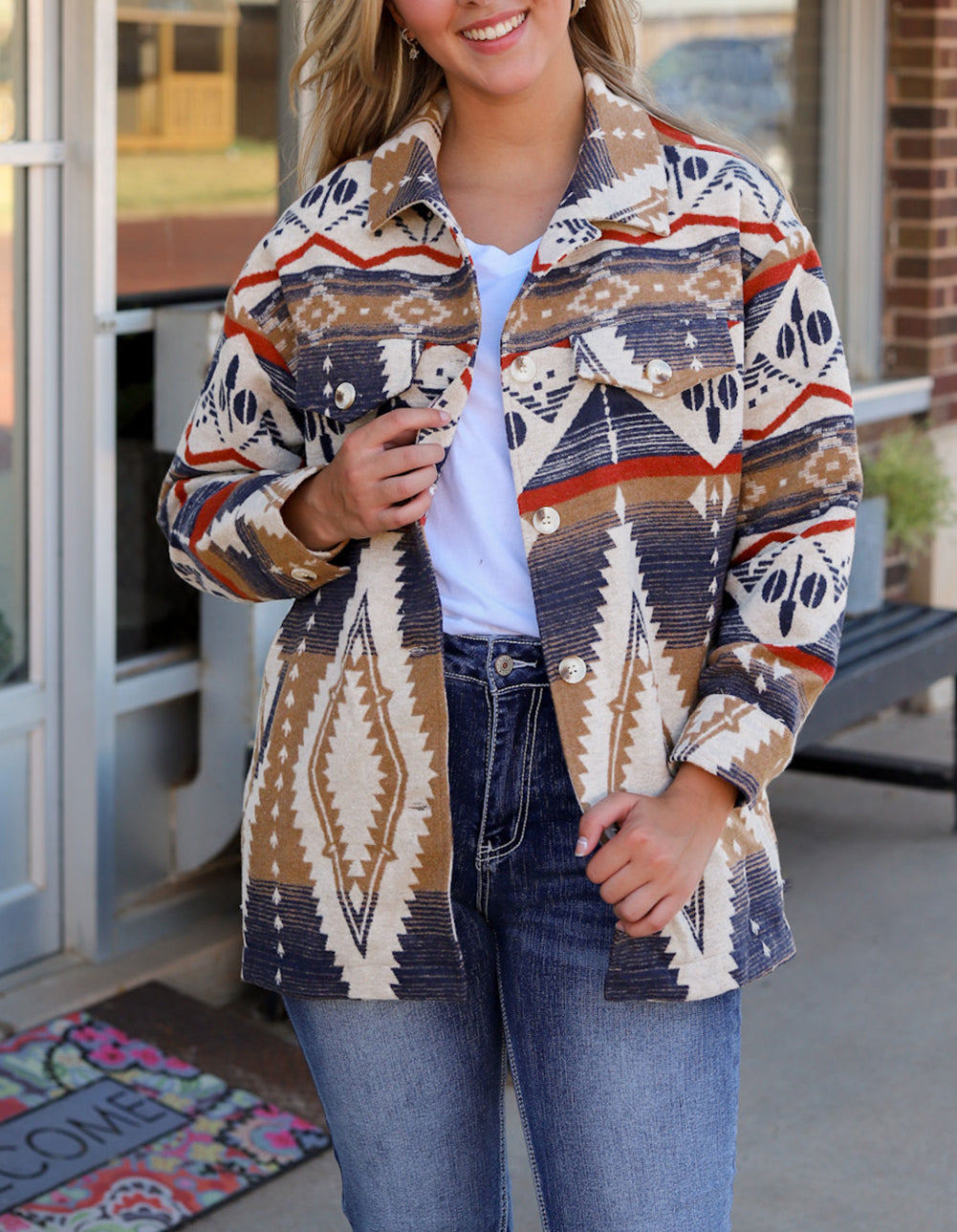 Aztec Print Button-Up Oversized Jacket