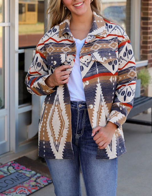 Aztec Print Button-Up Oversized Jacket