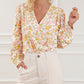 Shirred Puff Sleeve V Neck Floral Bodysuit