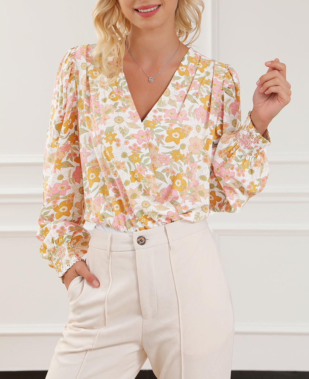 Shirred Puff Sleeve V Neck Floral Bodysuit