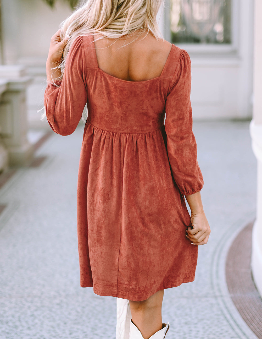 Suede Square Neck Puff Sleeve Dress