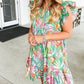 Abstract Floral Ruffle Trim Flutter Sleeve Buttoned Dress