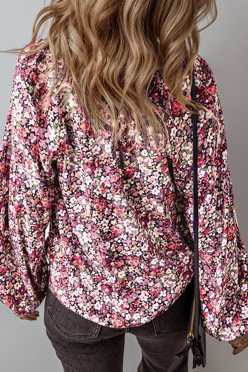 Boho Flower Split V Neck Bubble Sleeve Blouse