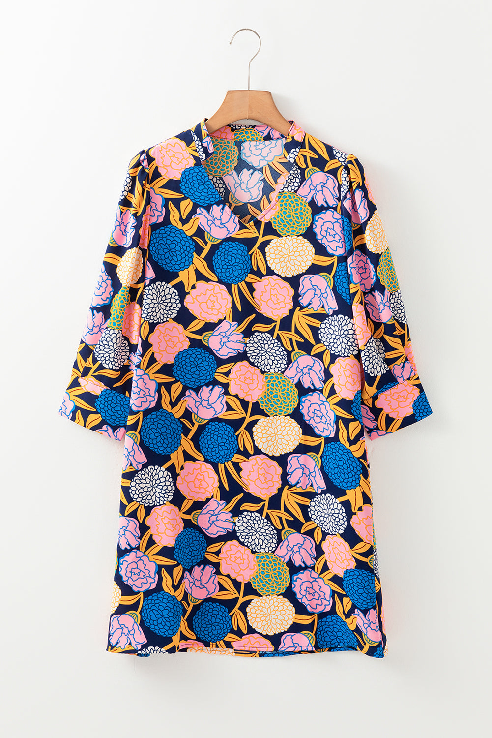 Hydrangea Floral Print Bishop Sleeve V Neck Shift Dress