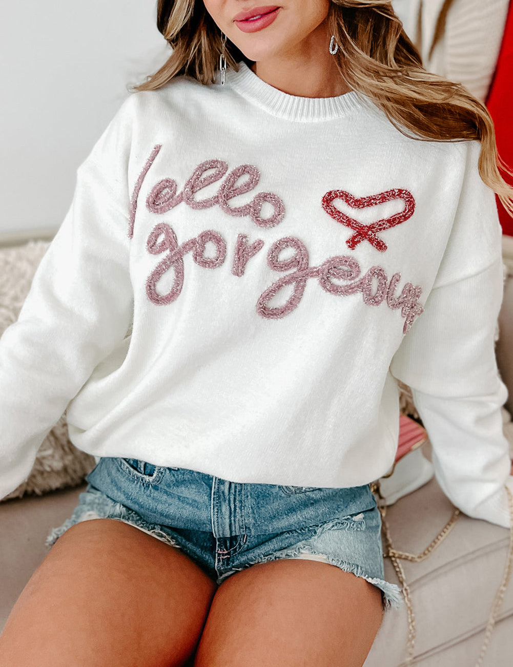 Hello gorgeous Graphic Ribbed Trim Sweater