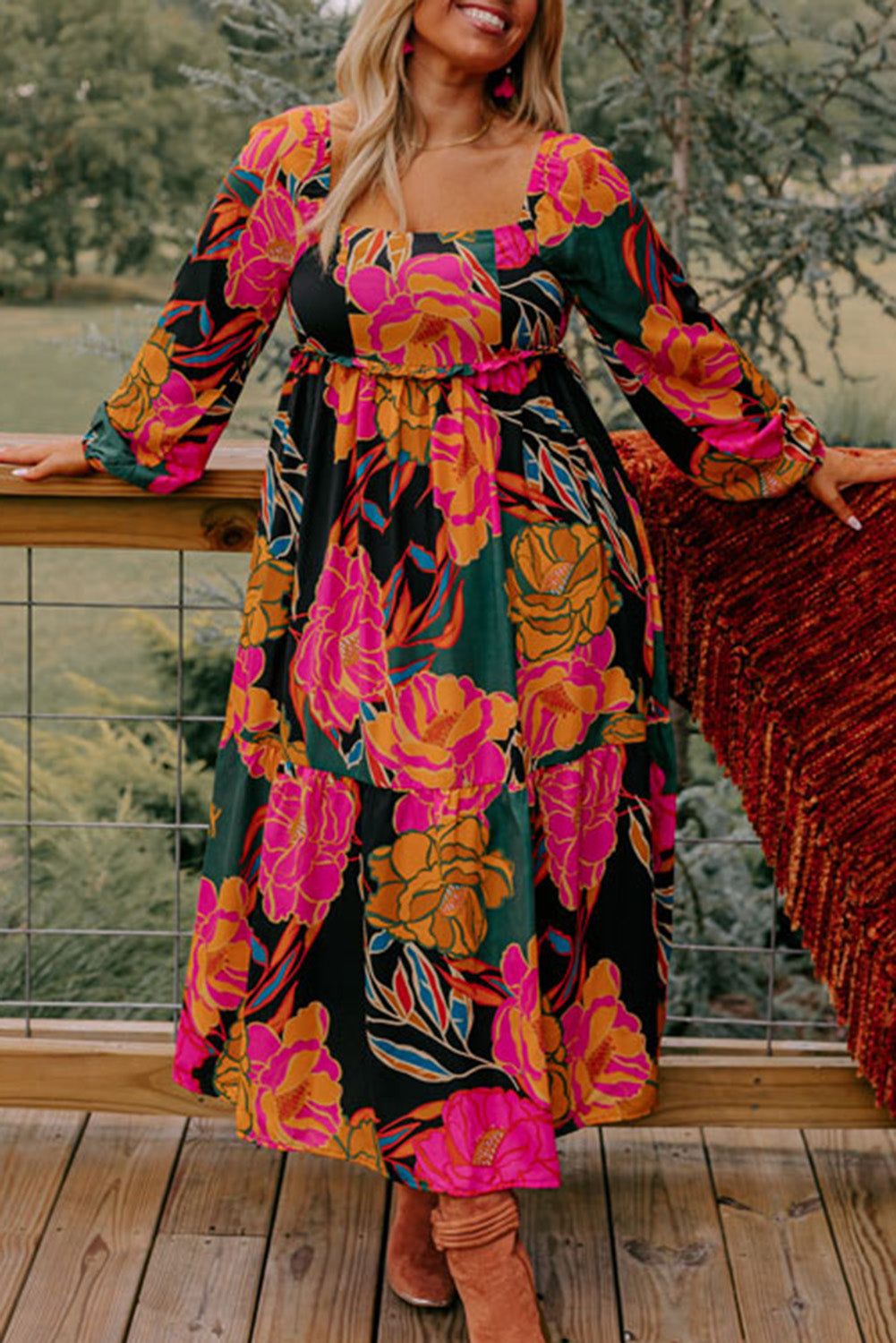 Floral Print Square Neck High Waist Plus Size Dress