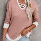 Contrast Trim Strappy Neck Long Sleeve Top