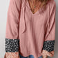 Floral Patchwork Textured Knit Drawstring V Neck Blouse