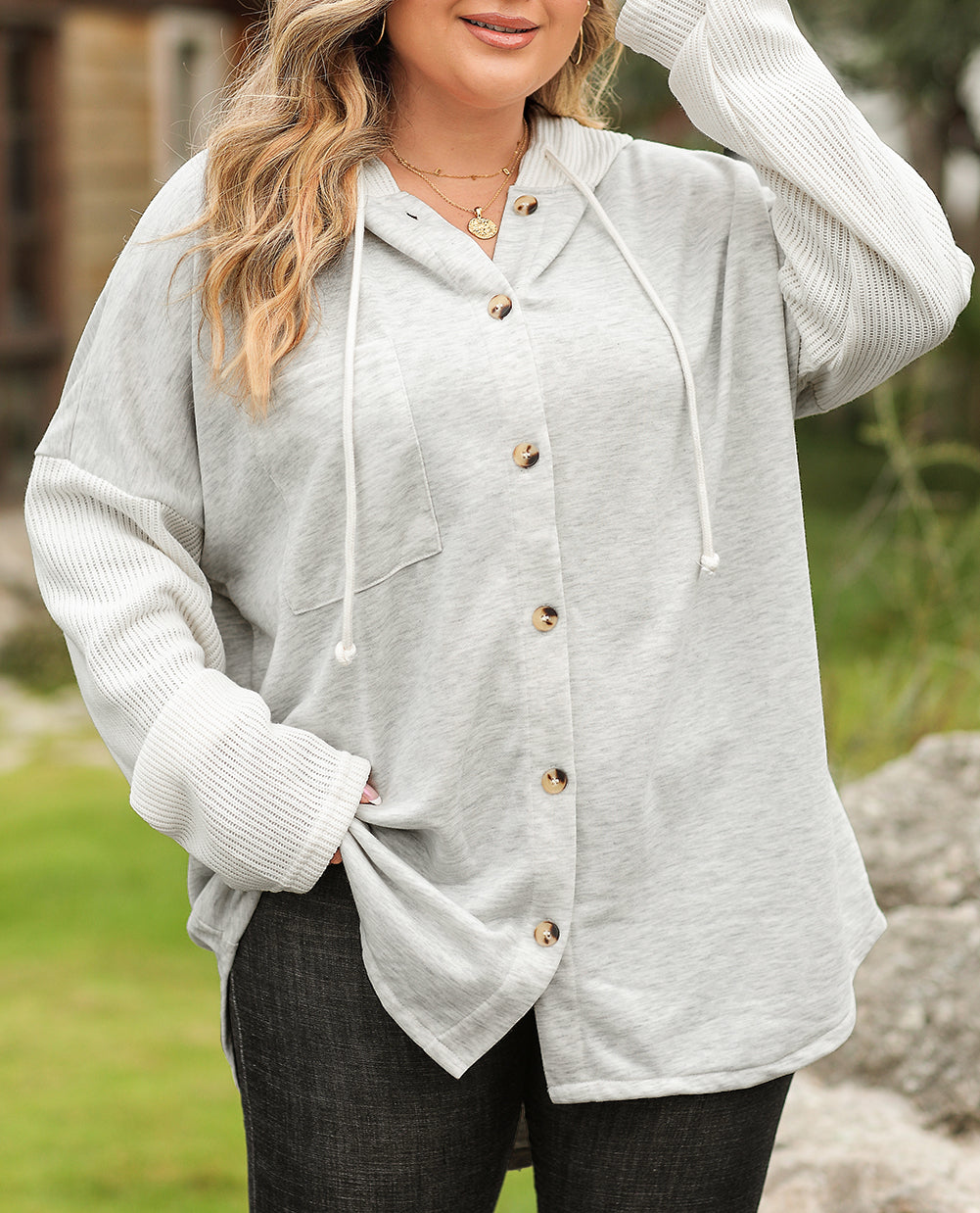 Contrast Knitted Sleeves Plus Size Hoodie