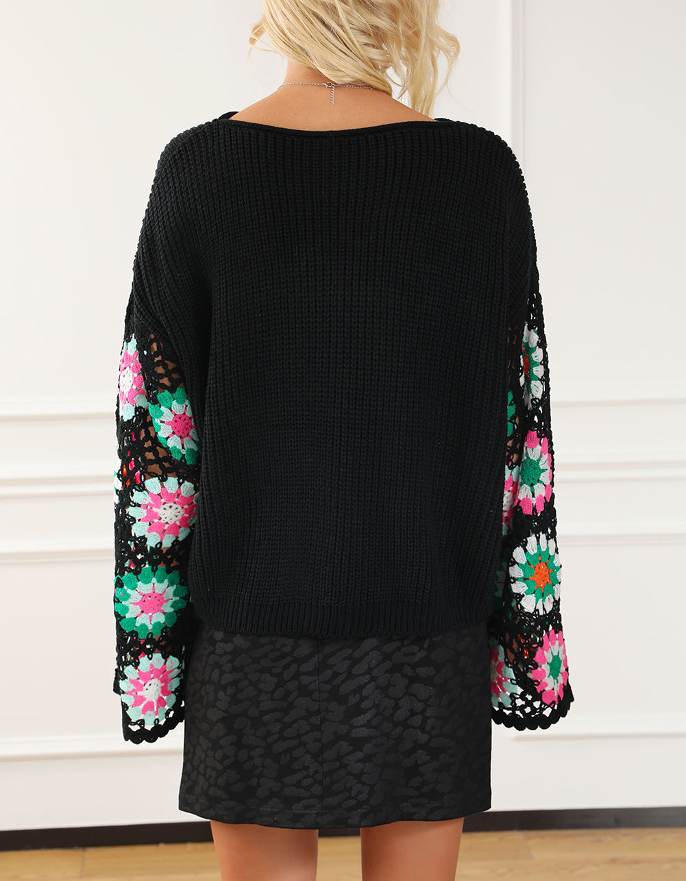 Floral Crochet Bell Sleeve Loose Sweater