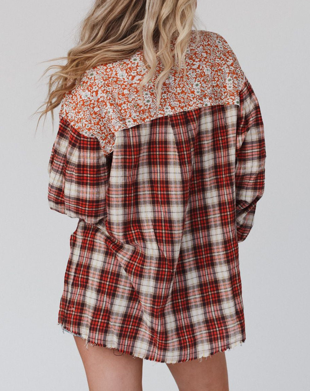 Floral Plaid Mixed Print Bishop Sleeve Patchwork Top with Slits