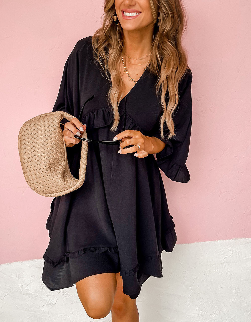 Ruffled 3/4 Sleeve V Neck Babydoll Mini Dress