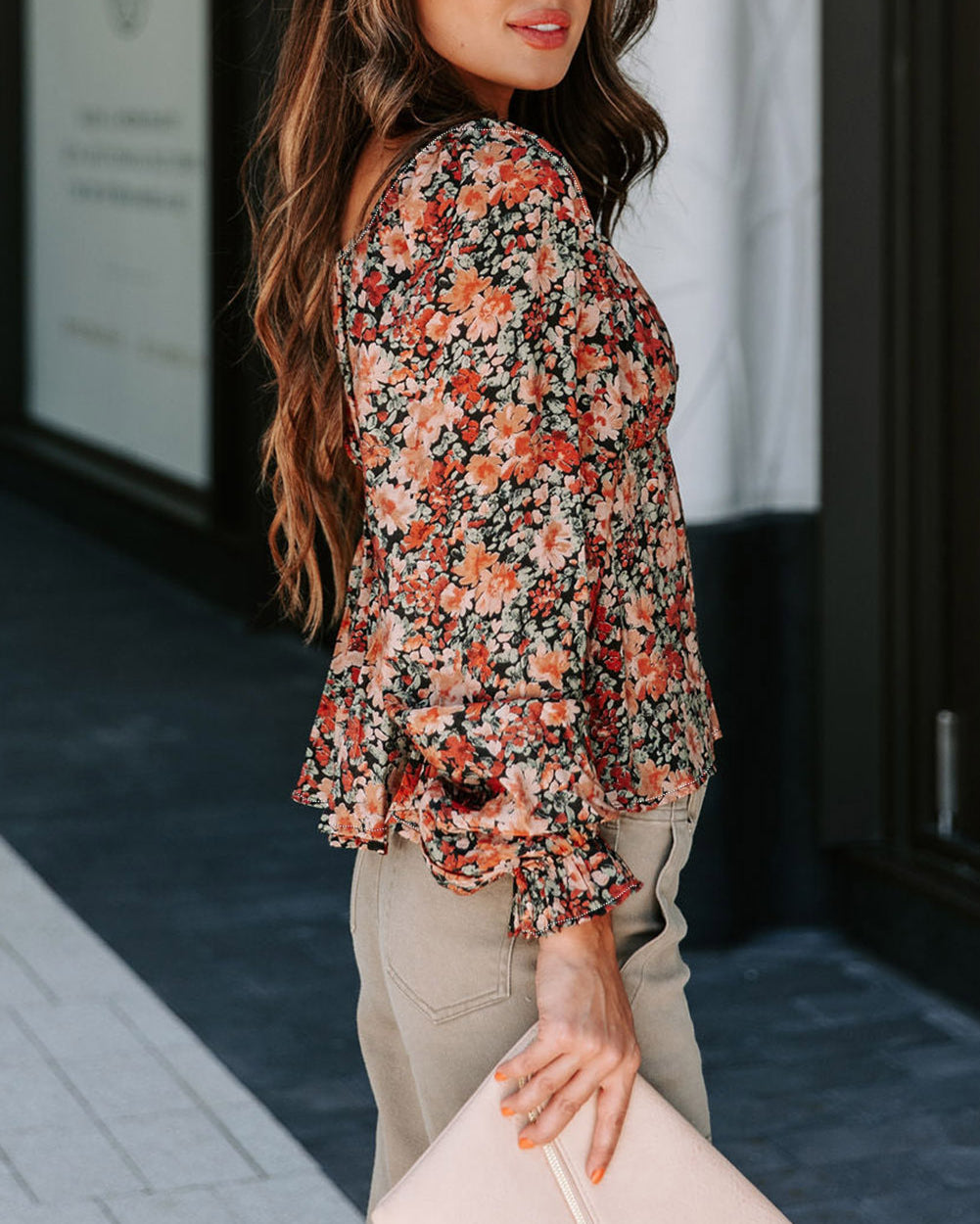 Floral Flounce Sleeve Front Tie Sweetheart Neck Blouse